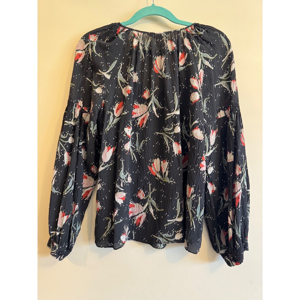 Rebecca Taylor Long Sleeve Floral Print Black V Neck Blouse Size 8